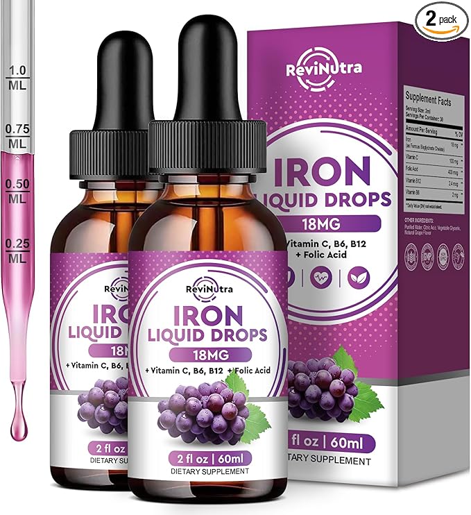 2 Pack Liquid Iron Supplement for Women, Men & Kids - Liquid Iron Drops with Folate, Vitamin C, B6, B12 for Anemia, Red Blood Cell, Energy Support - Grape Flavor