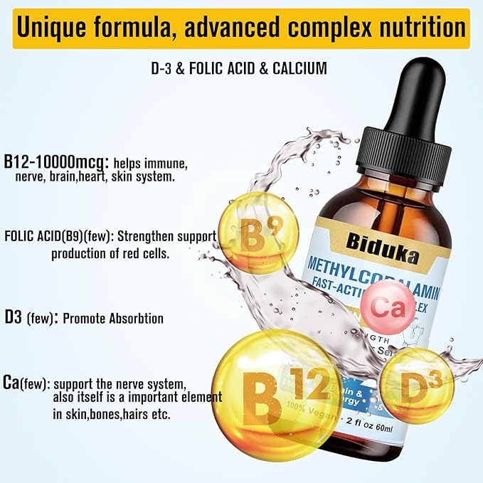 10,000mcg Sublingual Vitamin B12 Liquid Drops, Unique Formula with D3, B9(Folic Acid), Calcium, Support Energy, Heart, Mood, Brain, Immune System, Vegetarian, Non-GMO & Gluten Free