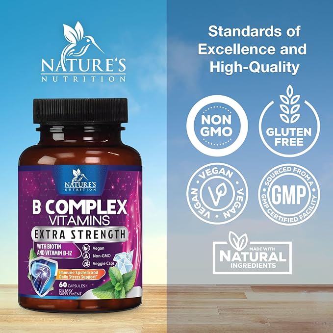 B Complex Vitamins Capsules - Super Complete B-100 Complex with Vitamin B12 B6 C Biotin Folate & Folic Acid for Immune & Energy Support - Supplement for Heart, Brain, & Nerve Support - 60 Capsules