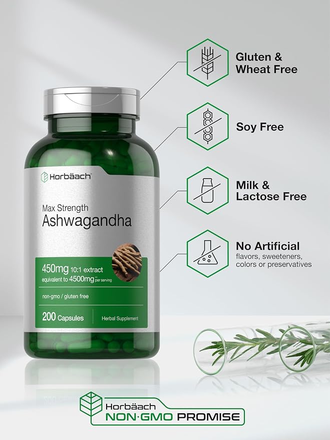 Horbäach Ashwagandha Supplement for Women and Men | 200 Capsules | Max Strength Herb Root Extract | with Black Pepper Extract | Non-GMO, Gluten Free