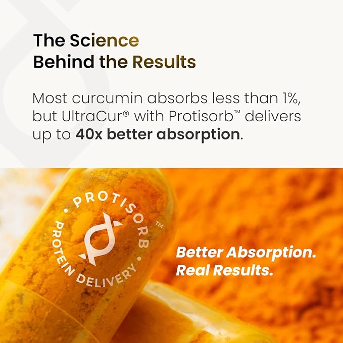 Ultracur Curcumin Complex Supplement - Ultra Bioavailable High Absorption Turmeric Curcumin Supplement for Joint, Muscle & Brain Support - Patented Protisorb for Premium Absorption – 60 Capsules