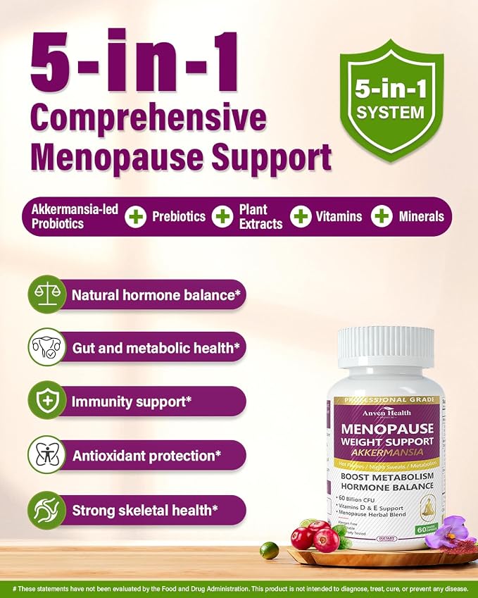 Menopause Supplements for Women 60 Billion with Akkermansia Probiotic & Prebiotic, Vitamin D & E for Hormone Balance, Metabolism, Gut Health, Hot Flashes - Non-GMO | 120 Caps