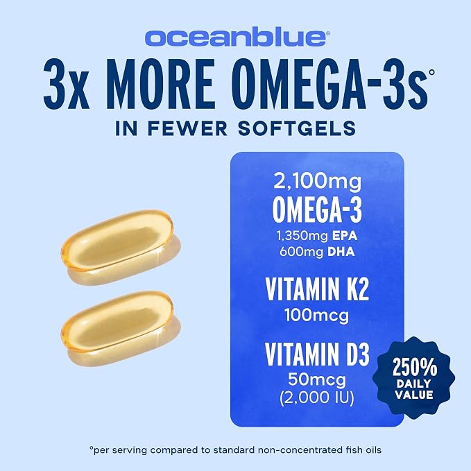 Oceanblue Professional Omega-3 2100 with Vitamin K2 and Vitamin D3-60 Count 2 Pack- Triple Strength Burpless Fish Oil Supplement with EPA, DHA & DPA - Wild Caught - Orange Flavor, 60 Servings
