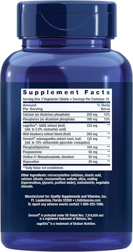 Life Extension Cognitex® Elite Pregnenolone, sage, Blueberry, ashwagandha, phosphatidylserine, Advanced Formula, Attention, Focus, Memory, Gluten-Free, Non-GMO, Vegetarian, 60 Tablets
