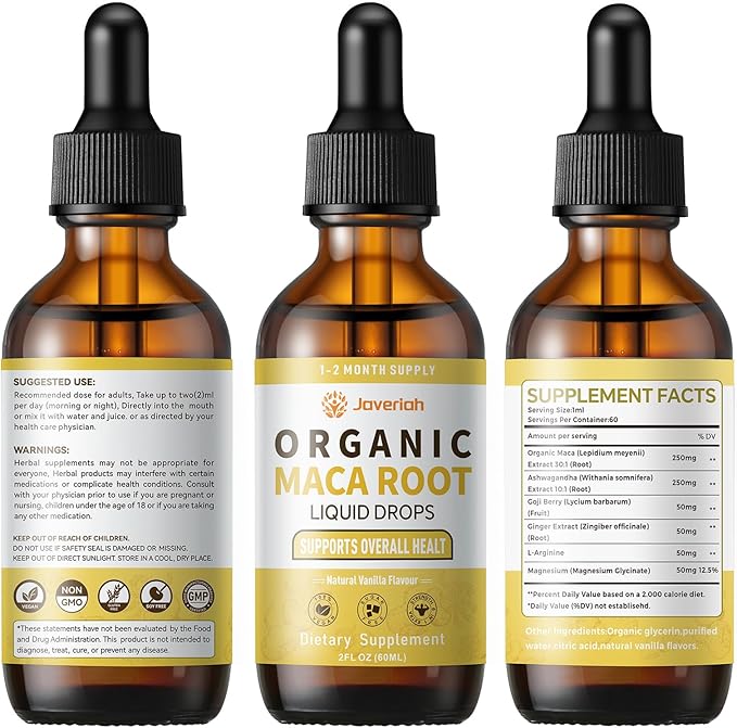 Organic Maca Root Liquid Drops with Ashwagandha,Goji Berry,Ginger,Magnesium and L-Arginine for Women and Men,Ashwagandha Maca Root Supplements Tincture 4 Fl Oz 2 Pack