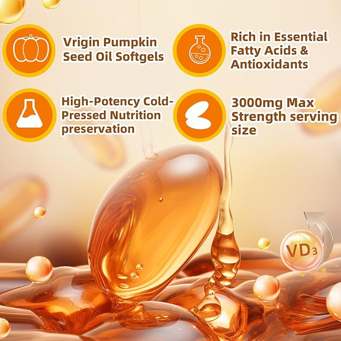 Pumpkin Seed Oil with Saw Palmetto, Vitamin D3 & Elderberry-300 Capsules, Pure Virgin Oil, Essential Fatty Acids & Phytosterols-Supports Prostate Function, Hair Health & Urinary Comfort
