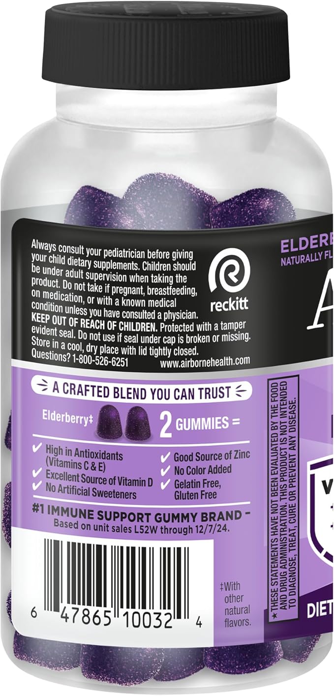 Airborne Elderberry + Zinc & Vitamin C Gummies for Adults, Immune Support with Antioxidants Vitamins C, D & E, 130 Count, Elderberry Flavor