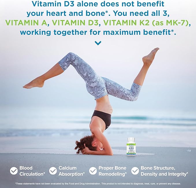 Power By Naturals ADK Vitamin Supplement – Vitamins A, D3 & K2 MK-7 for Bone Health & Calcium Absorption – Gluten-Free, Soy-Free – 60 Capsules (2-Month Supply)