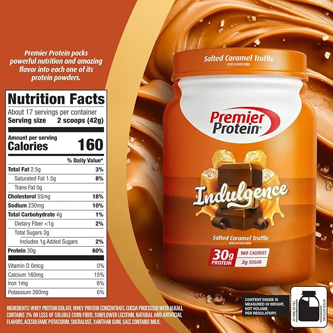 Premier Protein Powder Indulgence, Salted Caramel Truffle, 30g Protein, 160 Calories, 2g Sugar, Gluten Free (17 Servings)