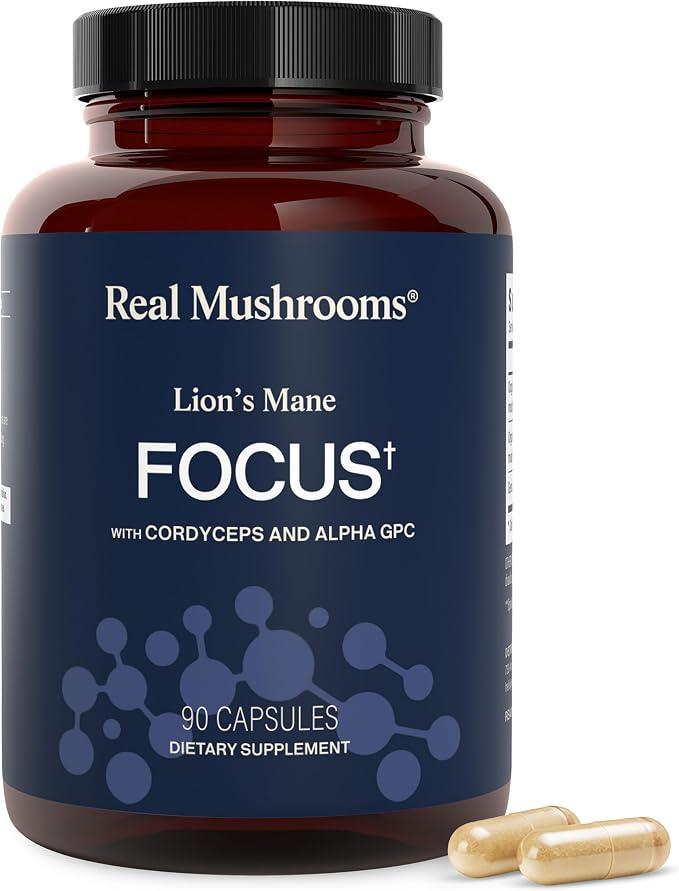 Real Mushrooms Lion’s Mane Focus Capsules (90 Count) – Organic Lions Mane Fruiting Body Extracts with 200mg Alpha GPC Choline for Mental Clarity & Daily Cognitive Function