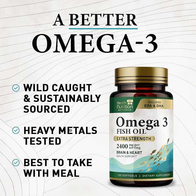 Omega 3 Fish Oil Supplements - 2400mg Fish Oil Per Serving - Triple Strength Omega-3 with EPA & DHA Fatty Acids - Natural Heart, Brain & Immune Support - Wild Caught, Bottled in USA - 120 Softgels