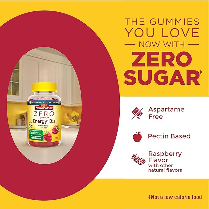 Nature Made Zero Sugar Energy Vitamin B12 Gummies 1000 mcg per Serving, B12 Vitamin, Energy Metabolism Support, Aspartame Free, 110 Sugar Free Gummies, 55 Day Supply
