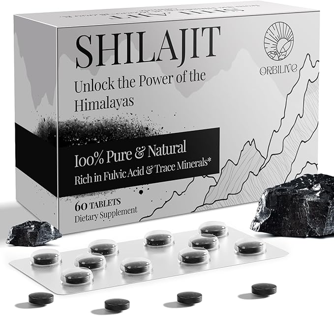 Shilajit Tablets 1000 MG, 100% Himalayan Organic, Shilajit Supplement Rich in Fulvic Acid & 85+ Trace Minerals for Men and Women, Energy & Immune System, 60 Count
