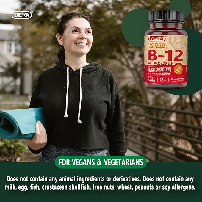 DEVA Vegan Vitamin B12 Fast Dissolve Supplement - Once-Per-Day Complex with 1000 Mcg Methylcobalamin B12, Folic Acid, B6 - Lemon Flavor - 90 Dissolvable Tablets,