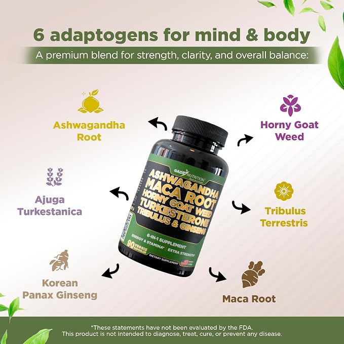 Gade Nutrition Ashwagandha with Maca Root, Horny Goat Weed, Turkesterone Supplement, Tribulus Terrestris, Panax Ginseng | 90 Vegetable Capsules for Energy, Stamina, Performance. | Made in USA