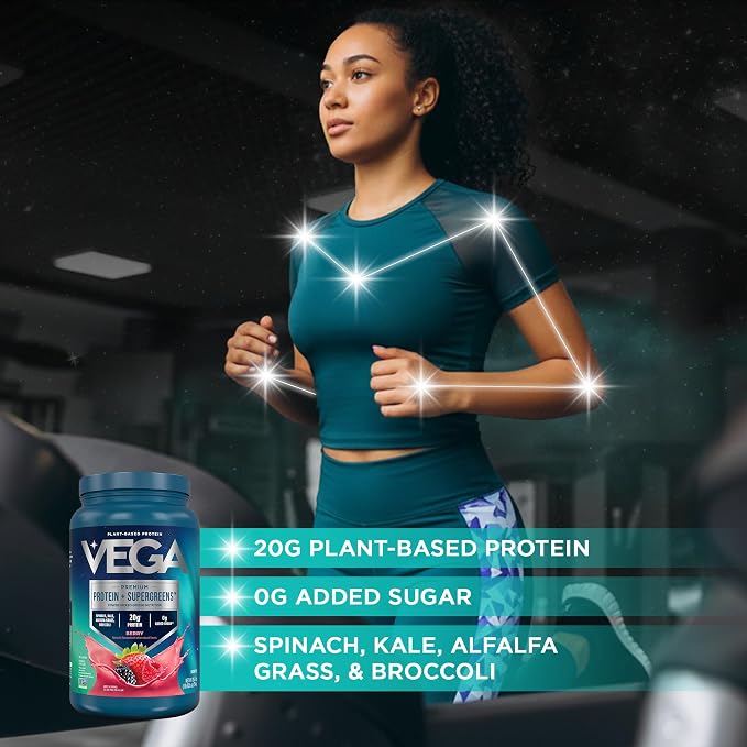 Vega Premium Protein + Supergreens, Berry – 20g Vegan Protein, Dairy & Gluten Free, 27.2 oz (26 Servings)