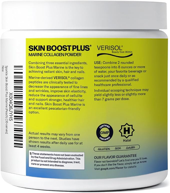 Sparkle Wellness Marine-derived VERISOL Bioactive Hydrolyzed Collagen Peptides | Collagen Powder Supplement with Vitamin C & Hyaluronic Acid | Marine Skin Boost Plus (Peach) [30-Serves]
