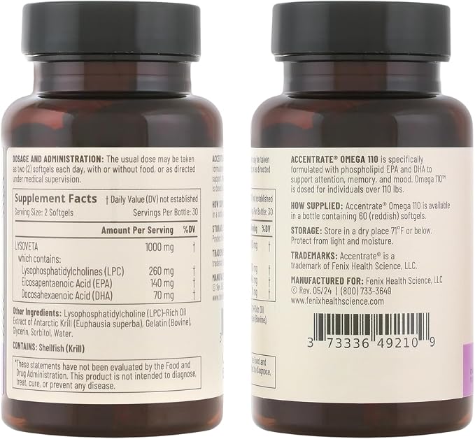 Omega 110 w/LYSOVETA LPC | EPA & DHA Supplements for Brain & Retina Health | Focus, Attention, Memory, Mood & Vision | 6X Higher Absorption Than Fish Oil | High Potency Omega-3 LPC-DHA