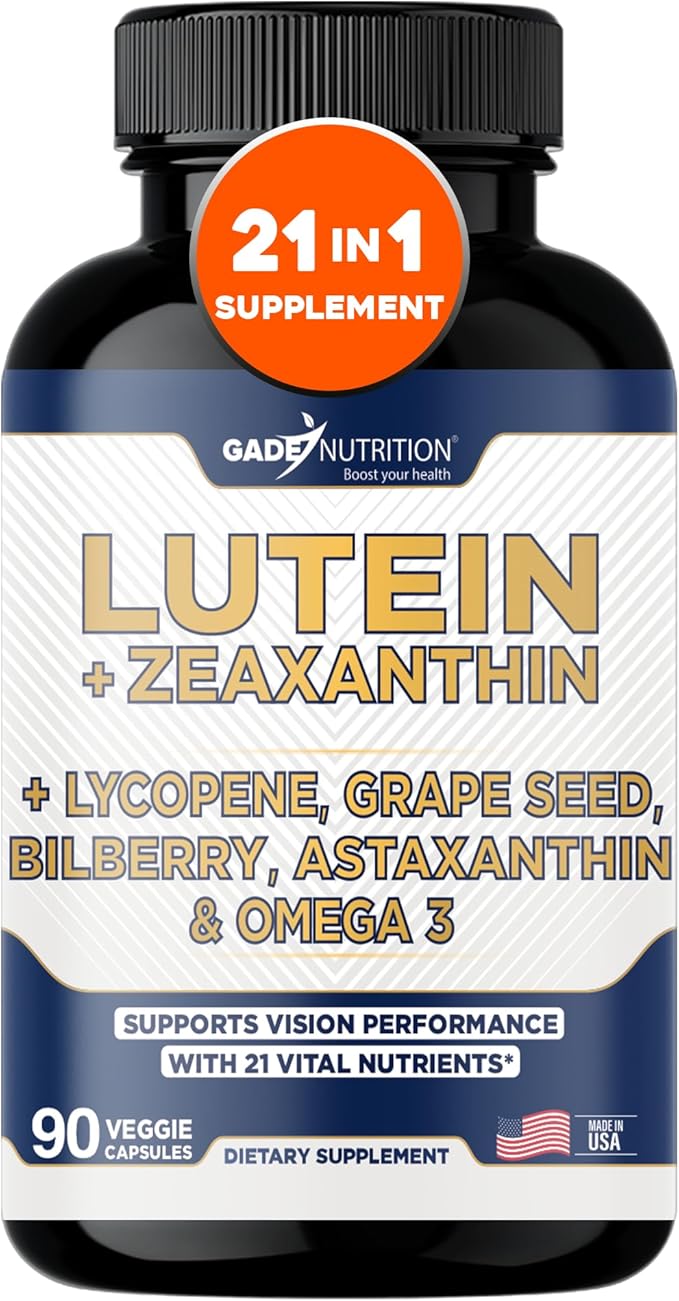 Gade Nutrition Lutein and Zeaxanthin Supplements | Astaxanthin Eye Vitamins with Omega 3, Resveratrol, Bilberry, Lycopene, Quercetin, Ginkgo Biloba, Vitamin D and More Eye Care Vitamins and Minerals