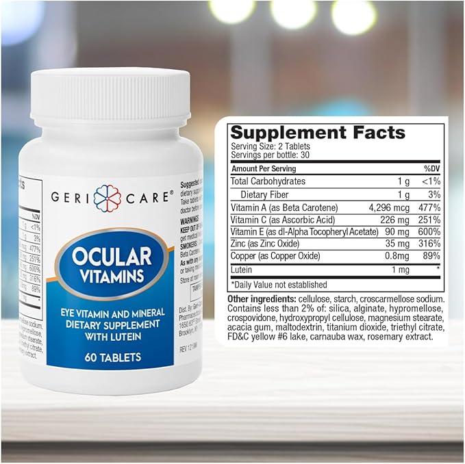 GeriCare Ocular Vitamins, Eye Vitamins and Minerals with Lutein, Dietary Supplement Tablets, 60 Count (Pack of 1)