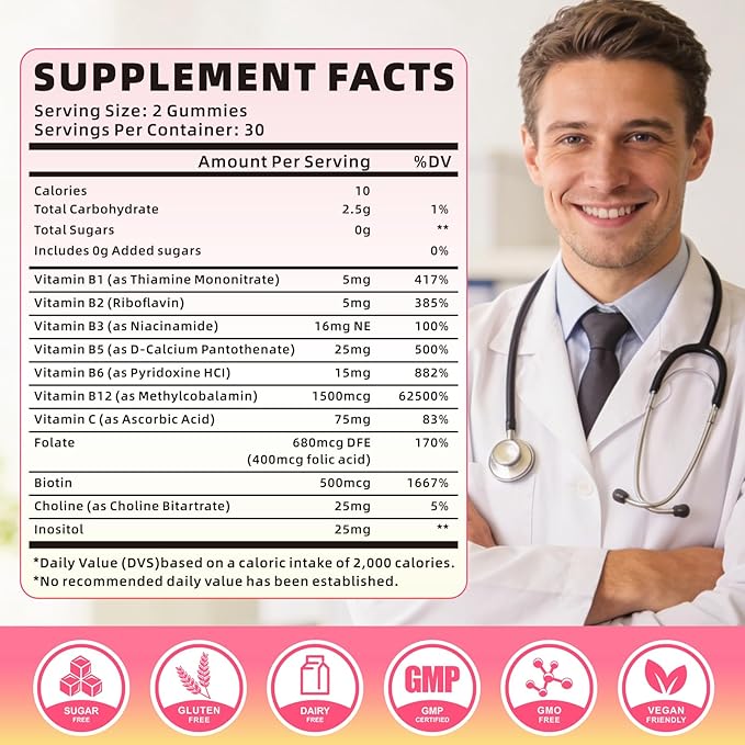 Vitamin B Complex Gummies for Women & Men - Vitamin B12, B1, B2, B3, B5, B6, B-Complex Vitamin Supplements for Energy & Immune Support, Sugar-Free/Vegan, Raspberry Flavor 120 Count