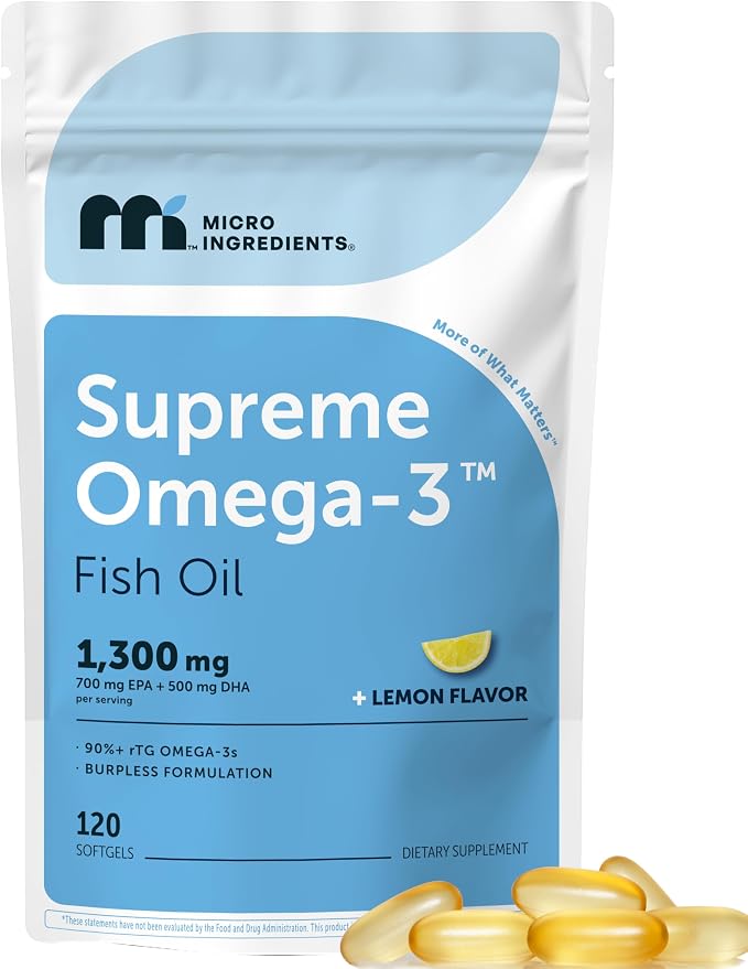 Micro Ingredients Supreme Omega-3 Fish Oil w/Ultra High EPA & DHA, Burpless Softgels | rTG Omega-3 with Vitamin D3 | Wild-Caught Cold Deep-Sea Fish | Lemon Flavor, Easy to Swallow, 120ct