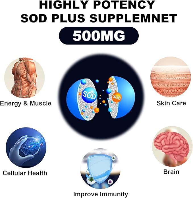 500MG Superoxide Dismutase Supplement - SOD Plus with Liposomal Glutathione, AKG, Green Tea Extract, L-Arginine, Lysine, Resveratrol and Vitamin E for Immune Support, Antioxidant 120 Capsules