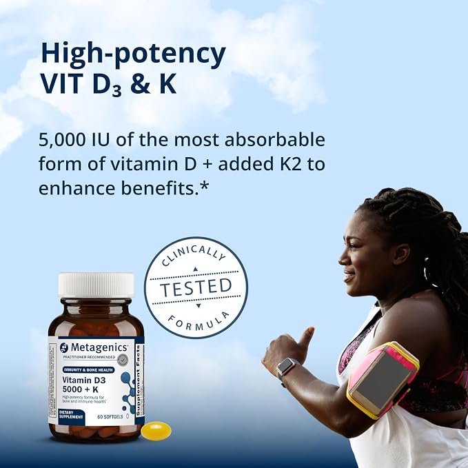 Metagenics Vitamin D3 + K - for Artery Health, Immune Support, Bone & Heart Health* - Vitamin D with MK-7 (Vitamin K2) - Non-GMO - Gluten-Free - 60 Softgels - 5,000 IU