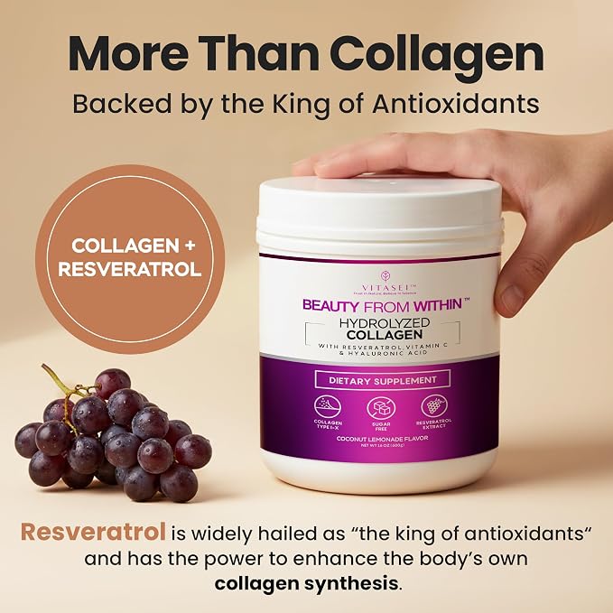 VITASEI Hydrolyzed Collagen Peptides Powder with Resveratrol & Vitamin C – Hair, Skin & Joint Support – Colágeno Hidrolizado for Women & Men – Refreshing Coconut Lemonade Flavor, 16 oz (30 Servings)