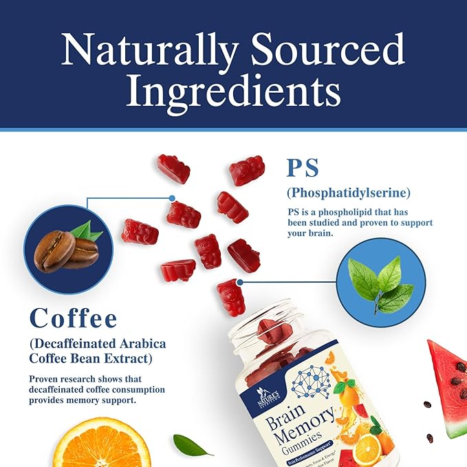 Brain Supplements Gummies - 3X Strength Brain Gummy Vitamin Plus Nootropics For Memory, Focus, Concentration - Phosphatidylserine, B6, B12 & Nootropic, Clarity Support Supplement - 60 Gummies