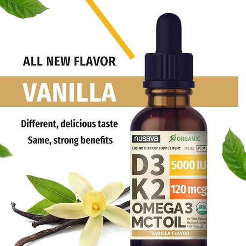 (2 Pack) Organic Vitamin D3 K2 Drops with MCT Oil Omega 3, 5000 IU - Maximum Strength Vitamin D Liquid, No Fillers, Non-GMO Liquid D3 for Faster Absorption and Immune Support (Vanilla, 1 Fl OZ x 2)