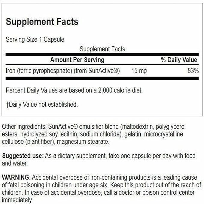 Swanson Sunactive Non-Irritating Iron 15 Milligrams 90 Capsules