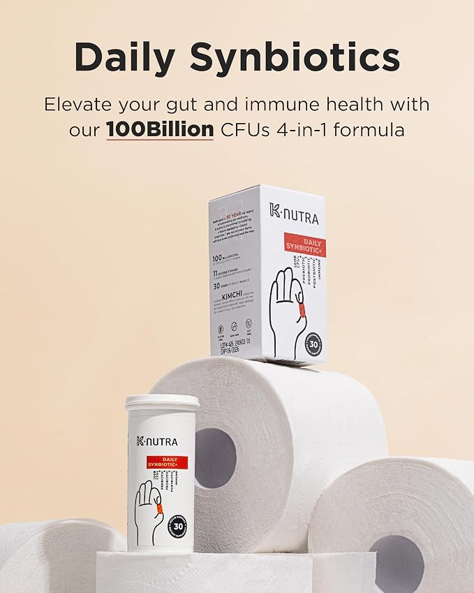 K-Nutra Daily Synbiotic+ | 30 Capsules | 4-in-1 Prebiotics, Probiotics & Postbiotics | 100 Billion CFUs | Gut & Digestive Health Supplement for Women & Men