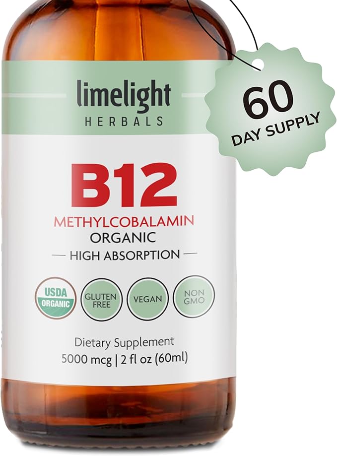 USDA Organic Vitamin B12 Liquid Drops 5000 mcg, Methylcobalamin, Sublingual, Fast Absorption, Cellular Energy, Metabolism Support, Nervous System, Mental Focus, Vegan, Non-GMO, 2 fl oz, 60 Servings