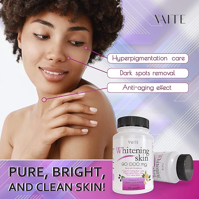 VAITE Glutathione Whitening Pills - Dark Spots & Acne Scar Remover - 90000mg - Vegan Skin Bleaching Pills with Anti-Aging & Antioxidant Effect - 120 Capsules (2 Pack)