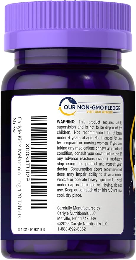 Carlyle Kids Melatonin 1mg | 120 Chewable Tablets | Fruit Flavor | Vegetarian Supplement | Non-GMO, Gluten Free Formula