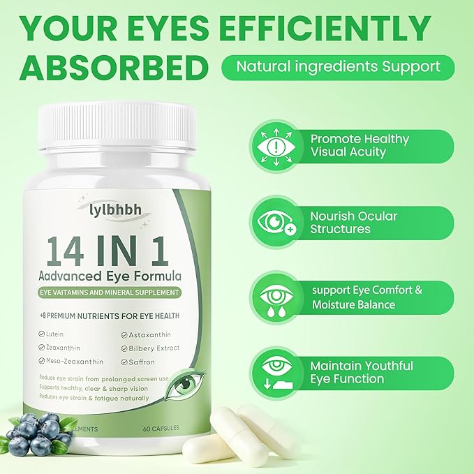 14 in 1 Advanced Eye Formula, Eye Supplement with Lutein, Zeaxanthin, Vision & Focus, Suitable for Adults and Seniors, 60 Capsules