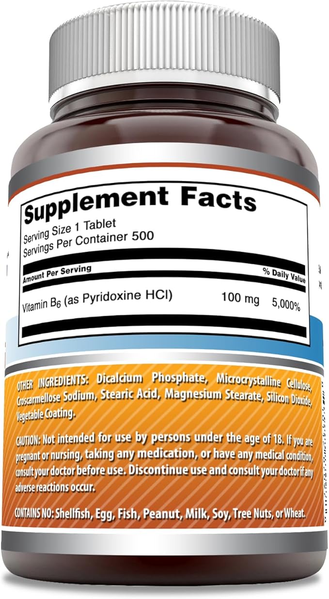 Amazing Formulas Vitamin B6 Supplement | 100 Mg per Serving | Tablets | Non-GMO | Gluten-Free | Made in USA (1 Pack, 500 Count)