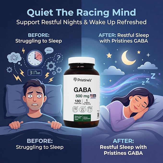 PRISTINE'S GABA 500mg Sleep Quality Support Supplement - 180 Day Supply - Calm Mind & Relaxation Sleep Support Capsules Glass Bottle