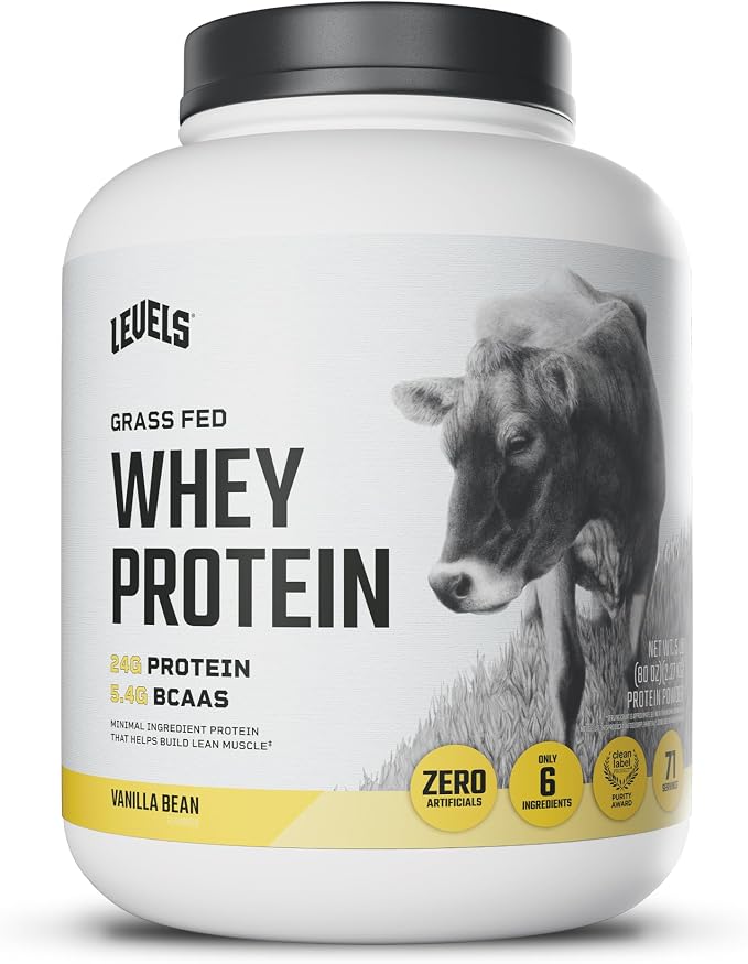 Levels Grass Fed Whey Protein Powder, No Artificials, 24G of Protein, Vanilla Bean, 5LB | 24G of protein and 5.4G BCAAs per scoop, made with hormone-free dairy, zero junk, no fillers, no added sugar, certified clean