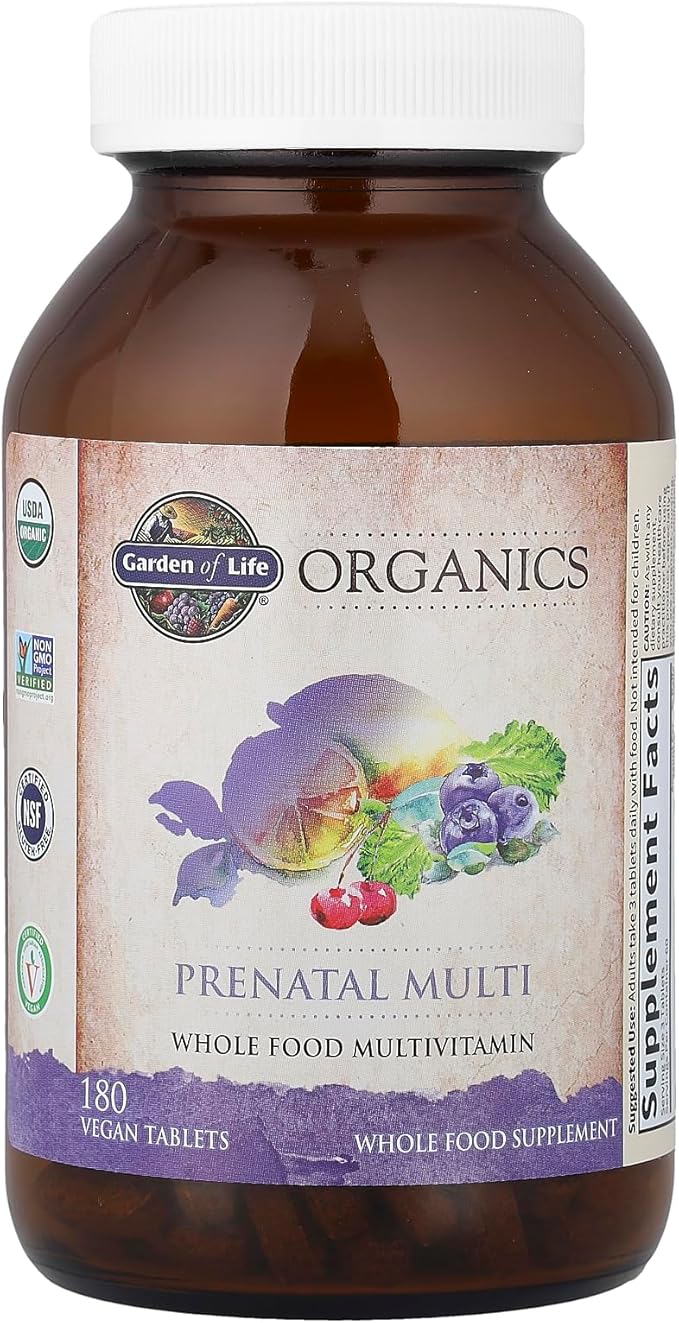 Garden of Life Organics Prenatal Multivitamin with Folate, B6, B12, D3 & Iron – Prenatal Vitamins for Women with Energy Metabolism Support for Healthy Fetal Development, Non-GMO, Vegan, 60 Servings