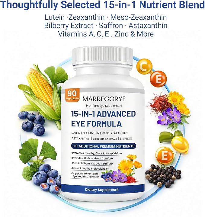 Neurobella Eye Care Formula, 15-in-1 Advanced Eye Care Formula, Eye Nutrition Support Capsules. Contains Lutein, zeaxanthin, Bilberry and Multiple Vitamins. Neurobella Eye Vitamins, 90 Capsules.