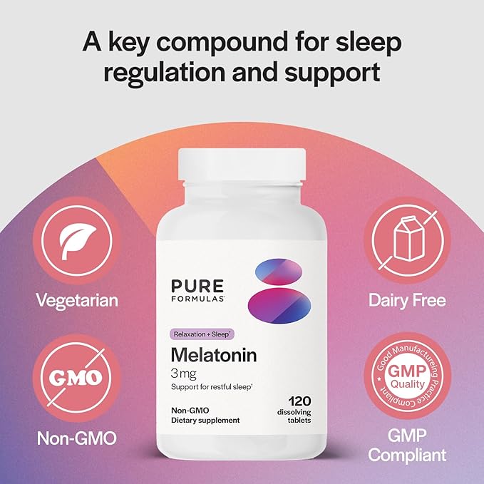 PureFormulas - Melatonin 3 mg - Supports Circadian Rhythms, Restful Sleep, and Relaxation - Pure Melatonin 300 mcg Antioxidant Soy-Free, Dairy-Free - 120 Tablets