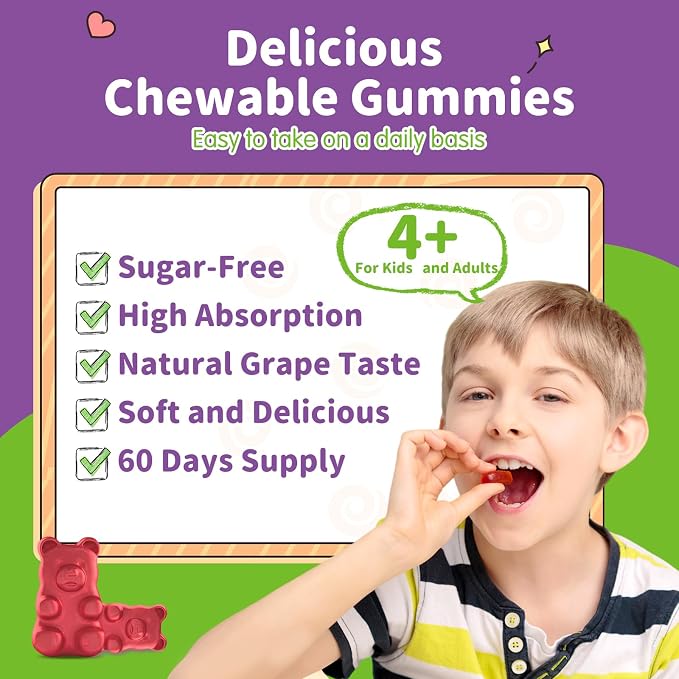Magnesium Gummies for Kids - Magnesium Glycinate Gummies Supplement with L-Theanine, Vitamin B6, D3 for Kids & Adults - Support Calm, Sleep, Relaxation, Brain, Bones, Sugar Free Grape 60ct