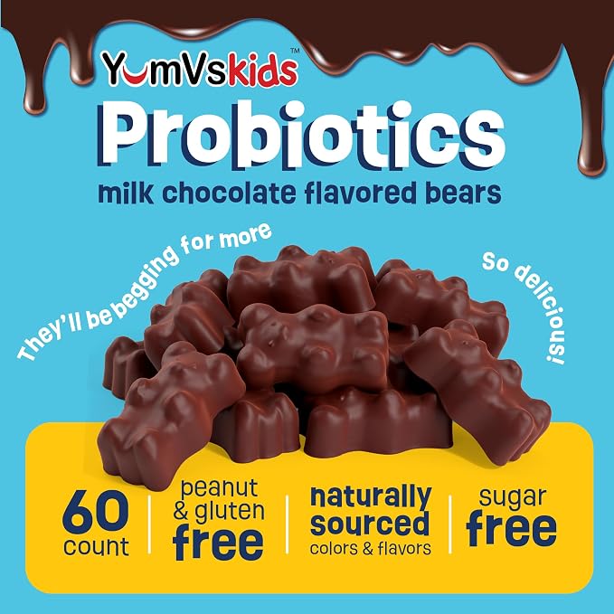YUM-V'S Probiotics for Kids Chocolate Bears – Kids Probiotic Supplement with 1 Billion CFU – Prebiotic High Fiber Supplements for Digestive Support – Sugar-Free Melt-in-Mouth – 60 Count, Pack of 2