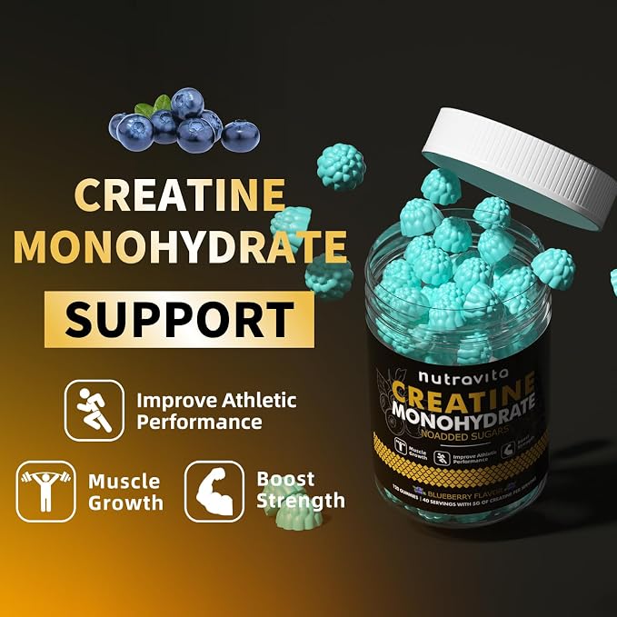 Nutravita NSF Certified Creatine Gummy - Creatine Monohydrate Gummies for Men & Women-5g of Creatine Monohydrate per Serving - Sugar Free,Vegan, Blueberry Flavor, 120 Count