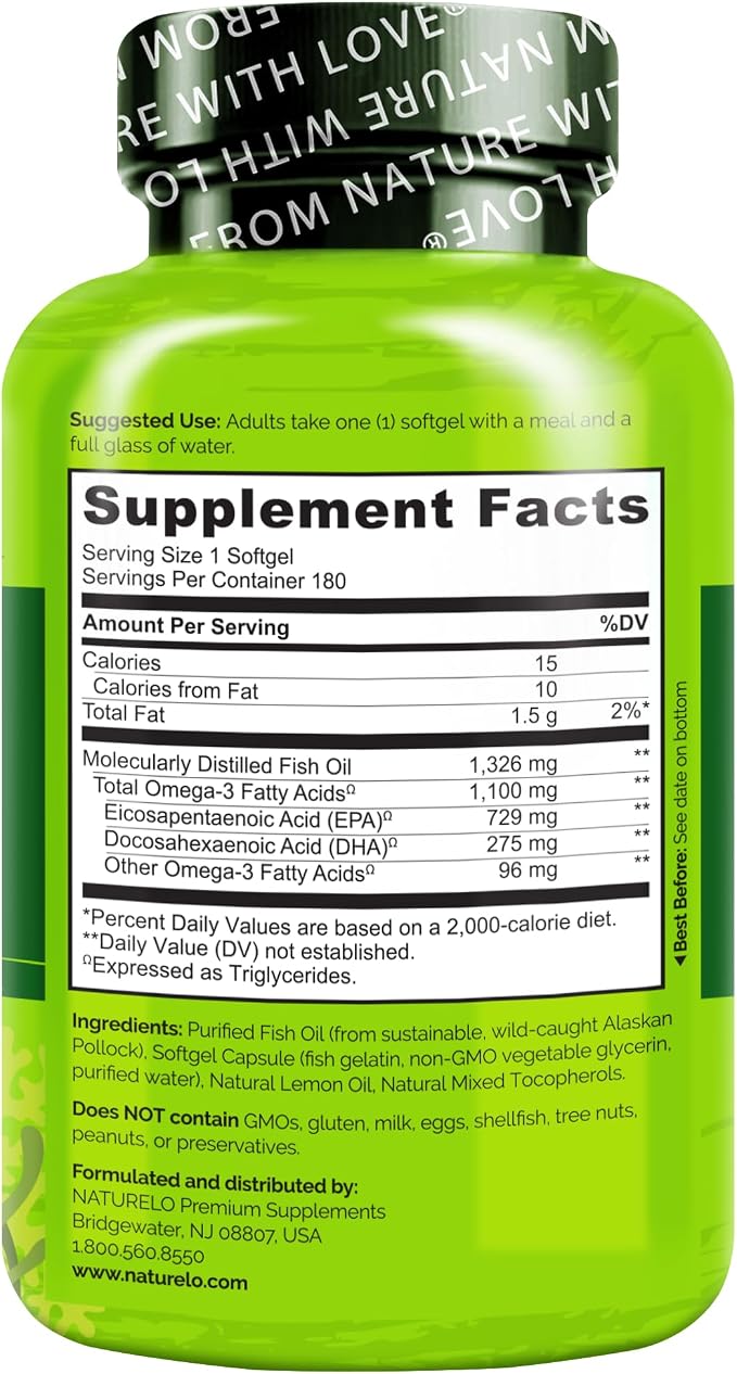 NATURELO Burpless Omega 3 Fish Oil Supplement - 1100mg Triglyceride Omega-3, EPA + DHA, for Heart, Eye, Brain, Joint Health - 180 Softgels, 6 Months Supply