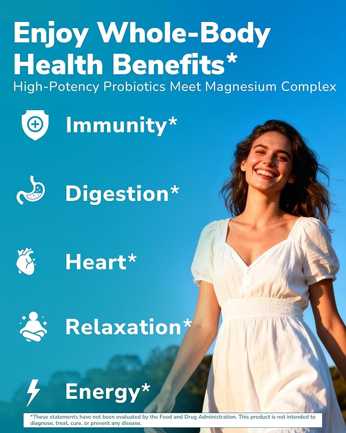 Vitalibre Probiotic with Magnesium Complex for Women Men, 50 Billion CFU, 9 Strains, Magnesium Glycinate Citrate Malate for Digestion, Immunity, Bone, Energy & Recovery, 120 Vegan Capsules, Non-GMO