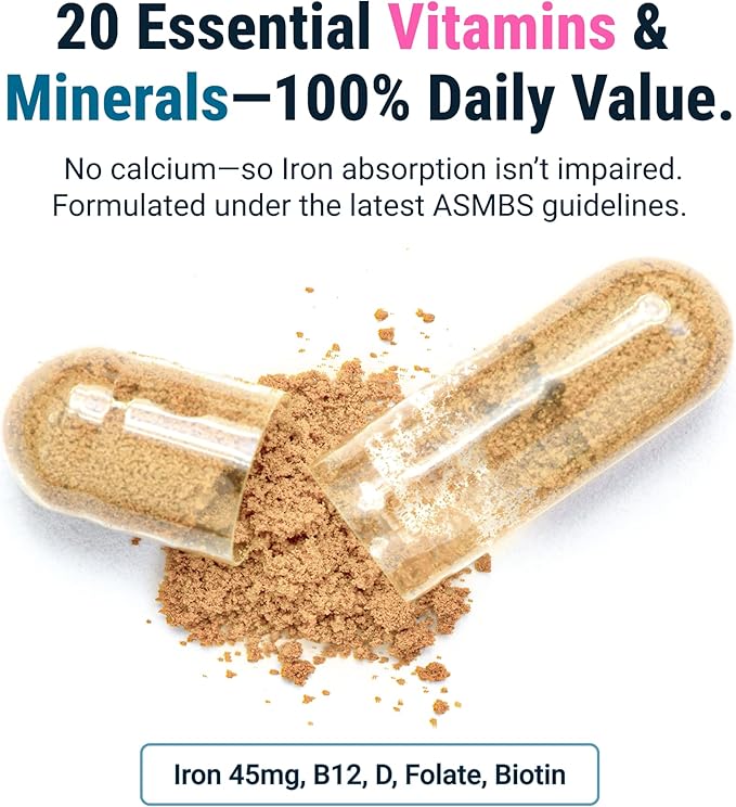 BariatricPal Multivitamin ONE 1 per Day! Bariatric Multivitamin Capsule with 45 mg of Iron | Easy to Swallow Capsule | Vitamin for Bariatric Surgery Patients | 90 Count (3 Month Supply)