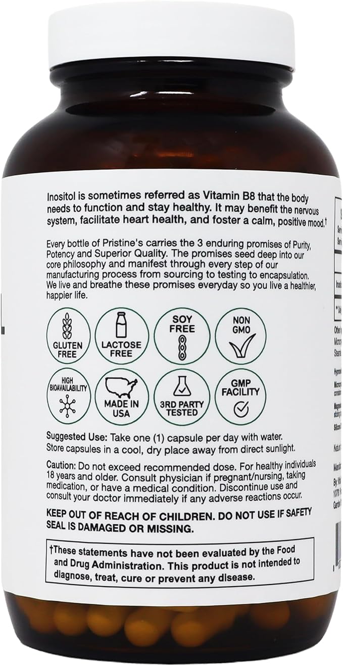 PRISTINE'S Myo Inositol Capsules - 500mg 180 Day Supply - Vegan, Gluten Free, Non GMO